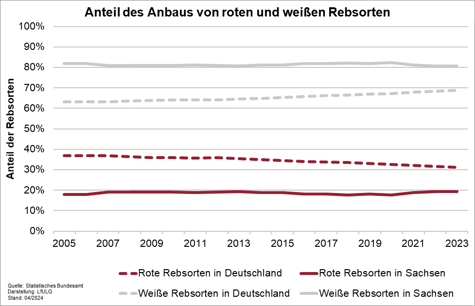 In einem Liniendiagramm wird der Anteil von weißen und roten Rebsorten in Deutschland und Sachsen gegenübergestellt. Die weißen Rebsorten dominieren deutlich, wobei in Sachsen der Weißwein-Anteil von 80% der Rebfläche aufzeigt.