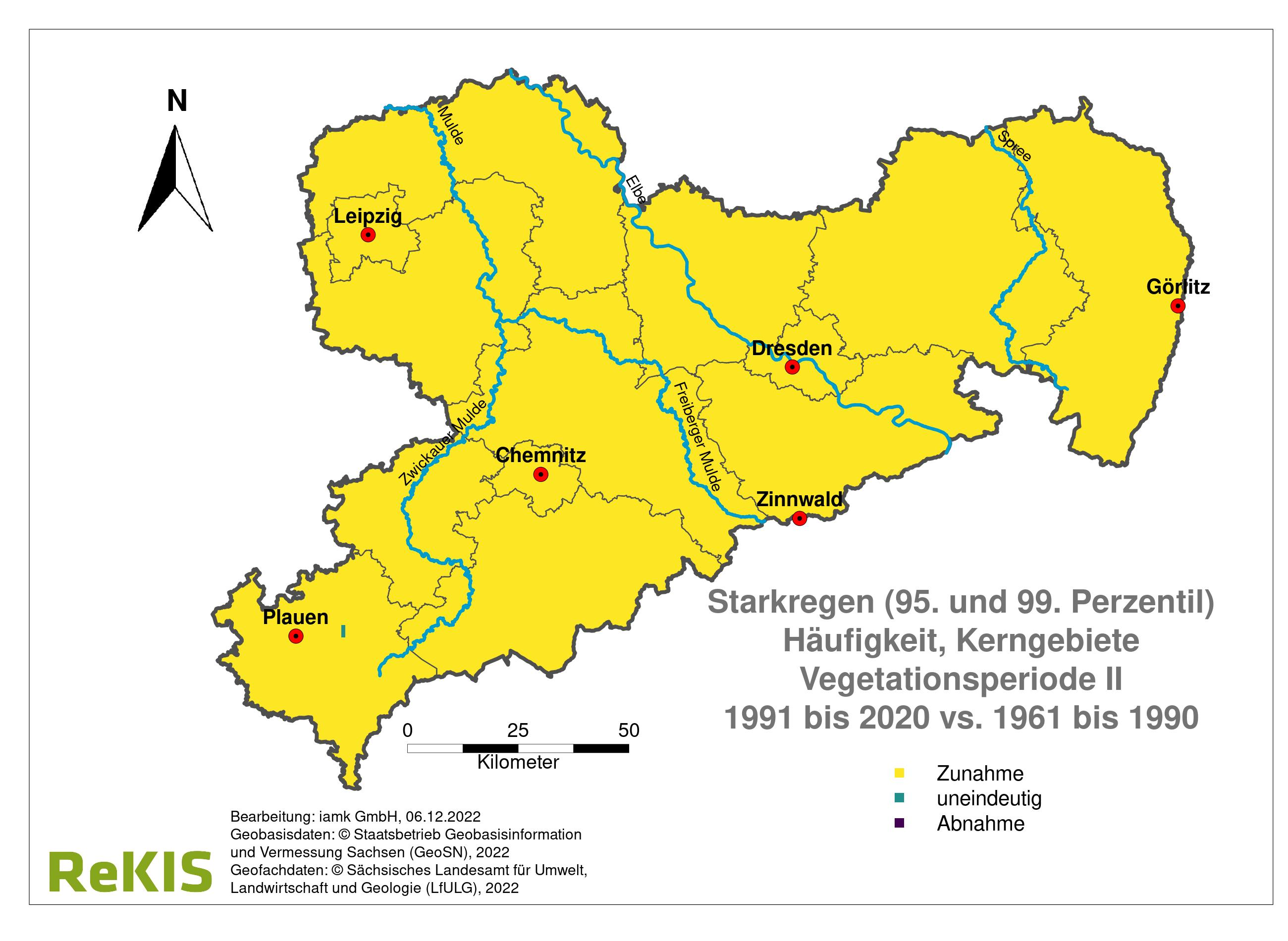 Die Karte zeigt Änderungen im Auftreten von Starkregen-Ereignissen während der Monate Juli bis September in Sachsen. Im Zeitraum 1991-2015 traten im Vergleich zu 1961-1990 fast flächendeckend mehr Starkregen-Ereignisse in der Wachstumsphase II auf. 