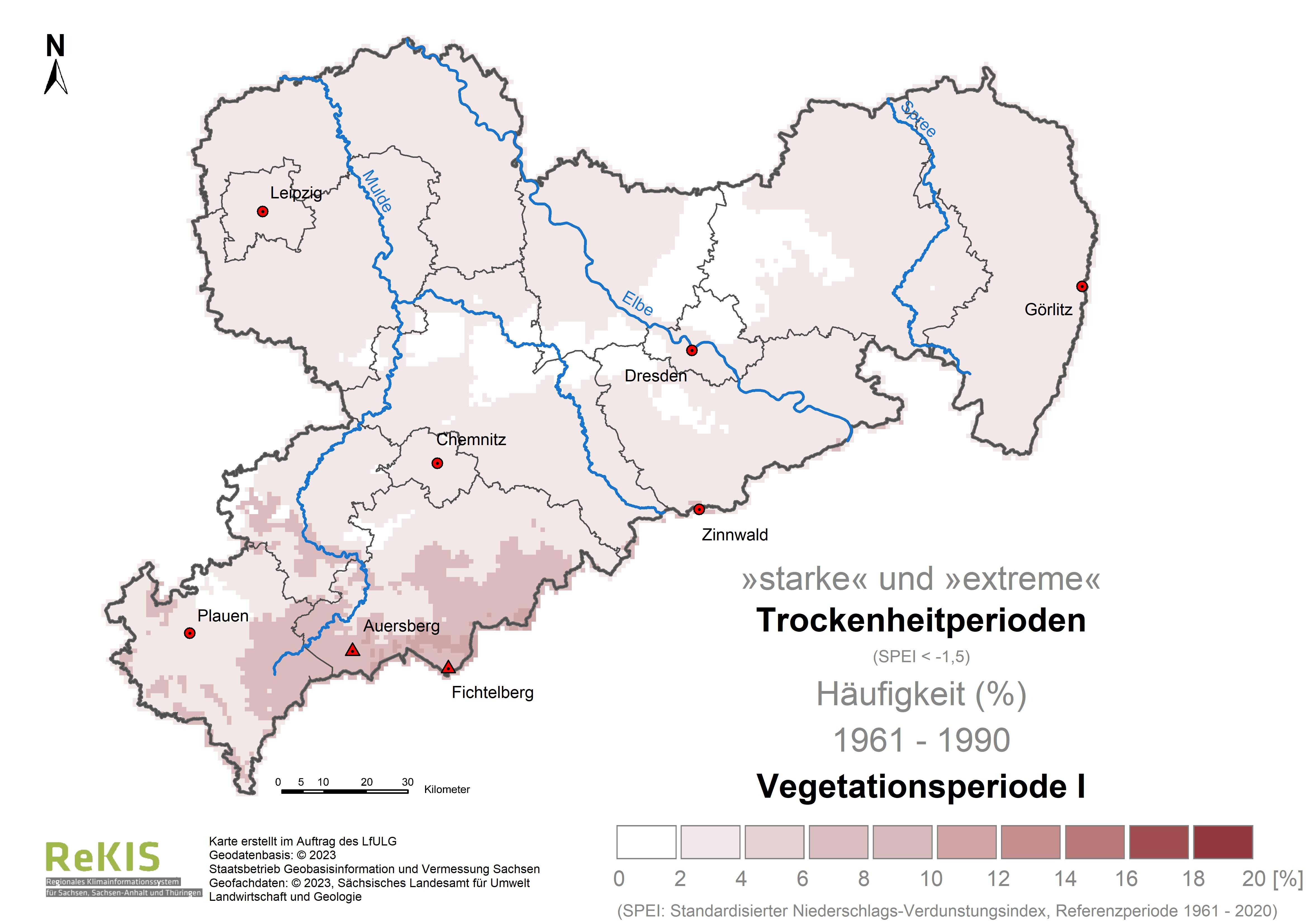 Die Karten zeigen mittels eines Index ein Trockenheitsmerkmal in Sachsen für die Zeiträume 1961-1990 und 1991-2020. Die atmosphärischen Bedingungen, die eine Ausbildung von Trockenheit begünstigen, sind 3 bis 4 mal häufiger aufgetreten.