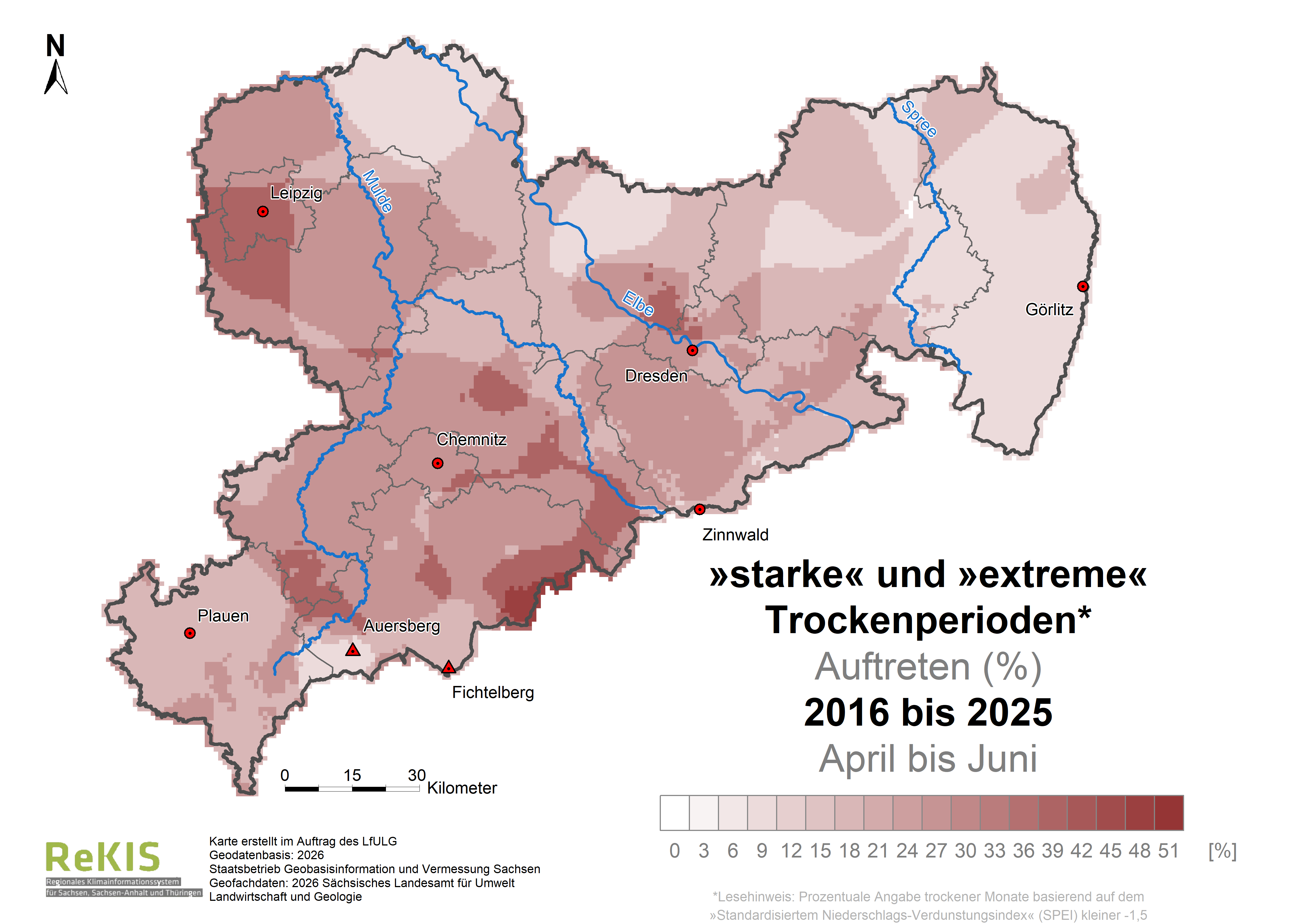 Die Karten zeigen mittels eines Index ein Trockenheitsmerkmal in Sachsen für die Zeiträume 1961-1990, 1991-2020 und 2016-2025. Die atmosphärischen Bedingungen, die eine Ausbildung von Trockenheit begünstigen, sind 3 bis 5 mal häufiger aufgetreten.