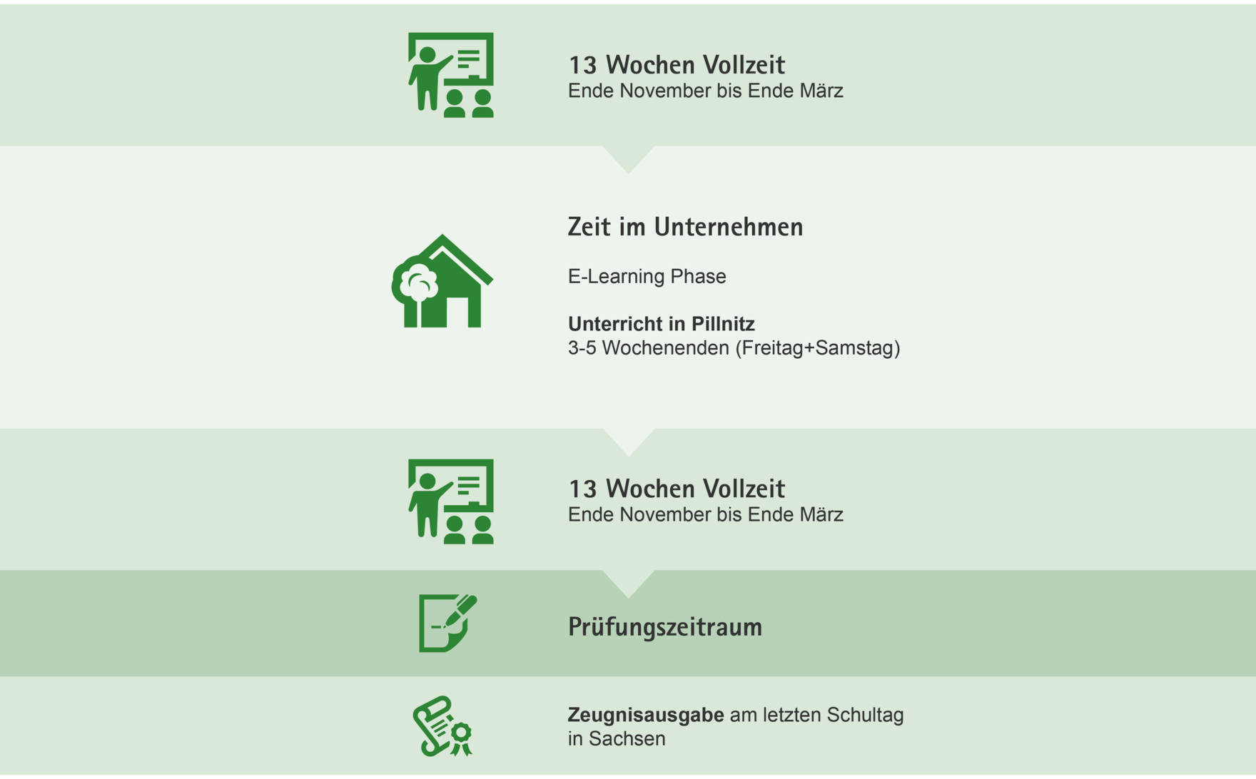 Grafik Ablauf der Ausbildung zum Meister: Die Ausbildung besteht aus zwei mal 13 Wochen Vollzeit (je von Ende November bis Ende März) und von April bis November Zeit im Unternehmen mit E-Learning Phase und 3-5 Wochenenden in Pillnitz. 