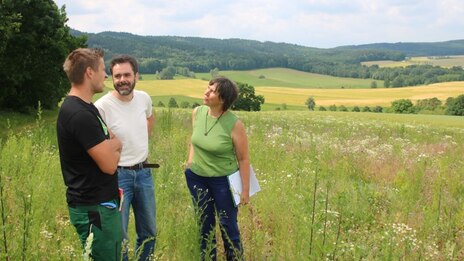 Berater und Landwirte unterhalten sich auf einer Wiese
