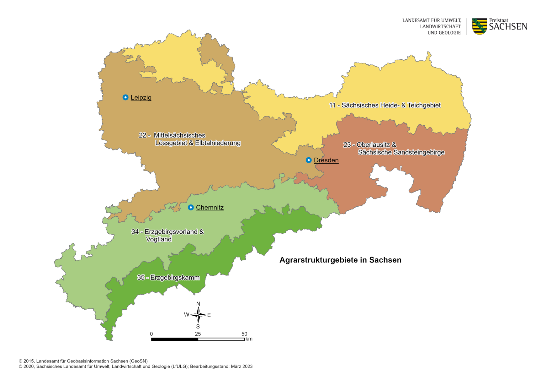 Sachsen untergliedert sich in 5 Agrarstrukturgebiete