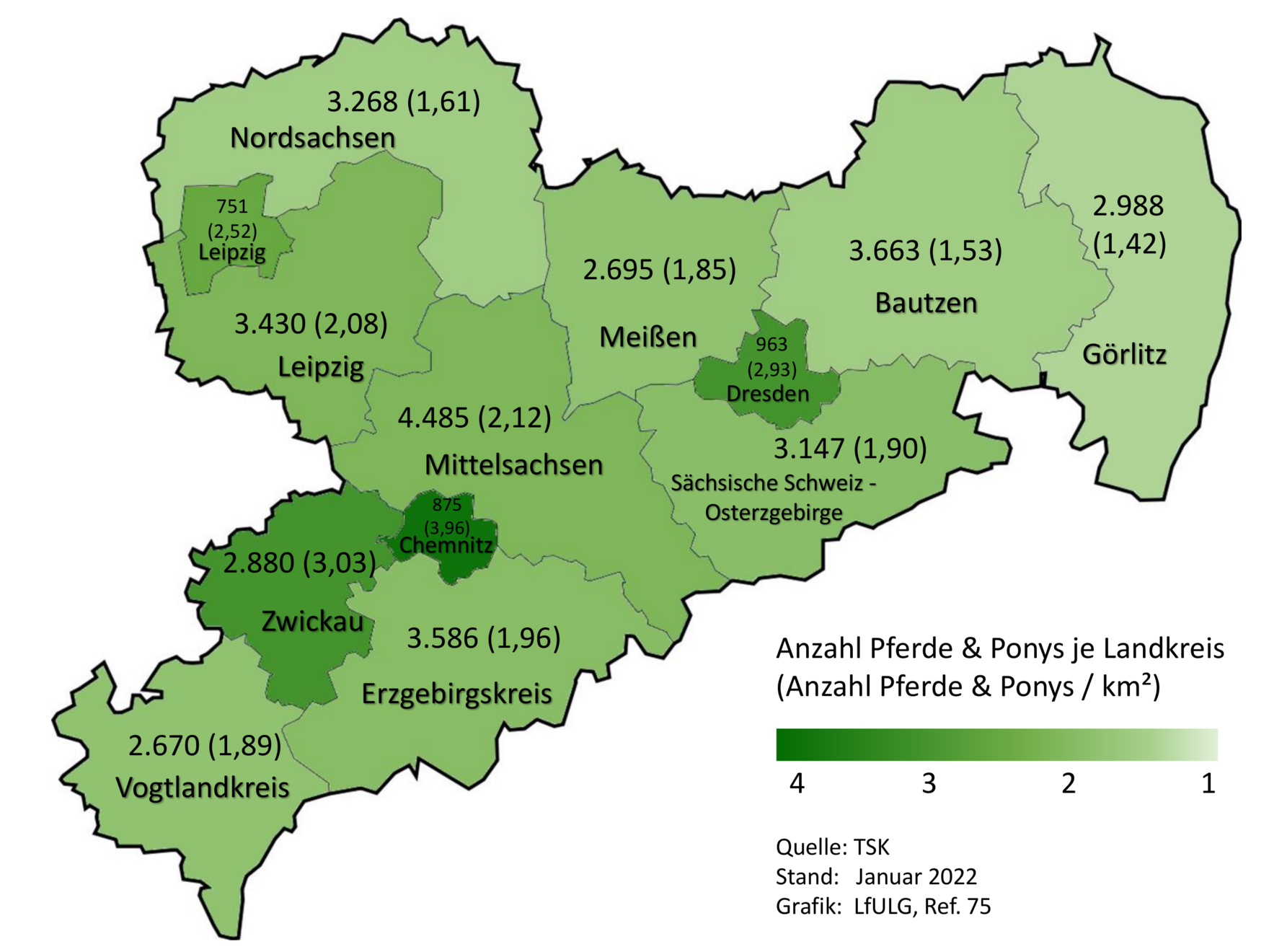 In der Grafik wird gezeigt, wie sich die Verteilung der in Sachsen gemeldeten Pferde und Ponys nach Landkreisen darstellt.