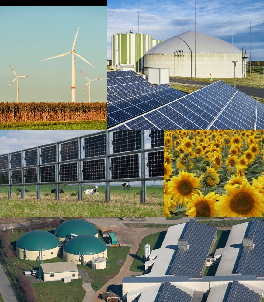 Das Bild zeigt vielfältige Möglichkeiten der Erneuerbaren Energiengewinnung in Landwirtschaftsbetrieben sei es mittels Biogaserzeugung, Solardächern auf Stallanlagen oder Photovoltaikaufständerungen auf Flächen.