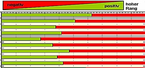 Einordnung der Stärken/Schwächen des Unternehmens in der Vergleichsgruppe. Die Darstellung erfolgt je Kennzahl auf einem Strahl (niedriger Rang bis hoher Rang). Negativ wird rot dargestellt, Positiv wird grün dargestellt.