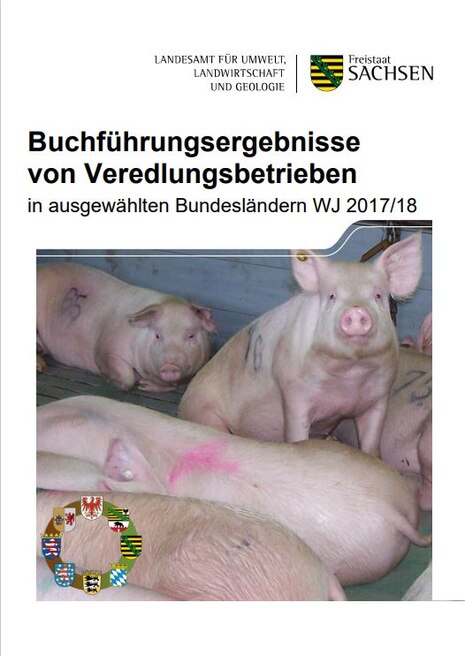 Titel des Berichtes mit Bild einer Gruppe von Mastschweinen. Das Titelbild enthält den Wappenkranz der ausgewählten Bundesländer.