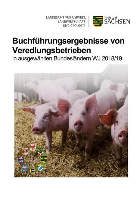 Titel des Berichtes mit Bild einer Gruppe von Schweinen auf Stroh. Das Titelbild enthält den Wappenkranz der ausgewählten Bundesländer.