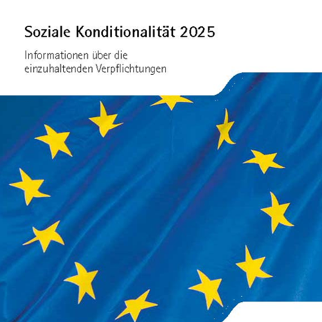 Broschüre soz. Konditionalität 2025 Titelseite mit Europaflagge