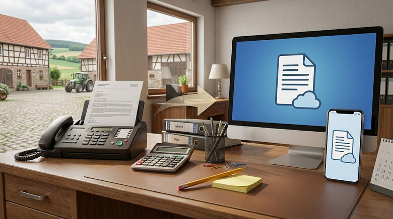 Agrarbüro mit Telefon, Smartphone, PC, Blick durchs Fenster auf den Bauernhof