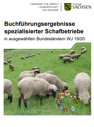 Titelbild der Broschüre mit Logo des LfULG oben rechts, Titel, Foto: Weidende Schafe auf einer Wiese. Der Wappenkranz befindet sich rechts unten im Bild
