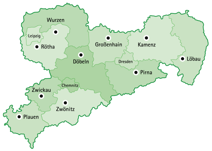 Karte vom Land Sachsen, mit den Standorten der Förder- und Fachbildungszentren