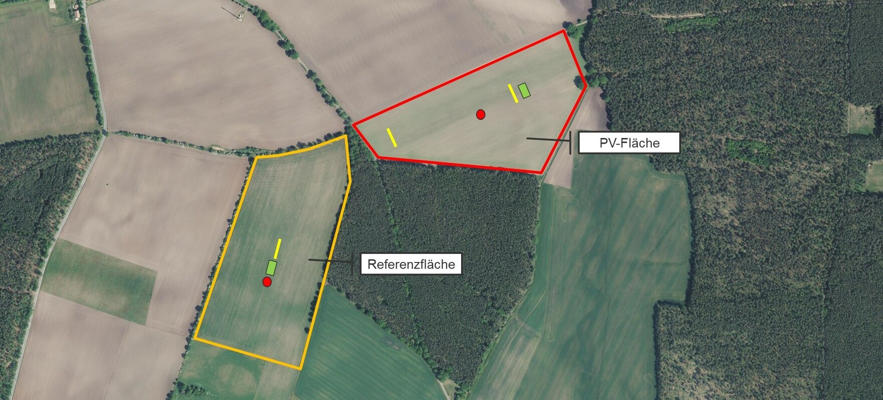 Man sieht ein Luftbild mit einer rot und eine gelb umrandete Fläche mit Symbolen für die aufgestellten Fallenarten.