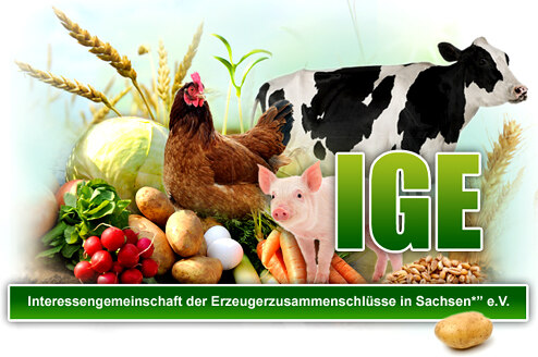 Das Bild stellt die Startseite der IGE dar. Darauf sind verschiedene Produkte der Landwirtschaft und Tiere zu sehen. 