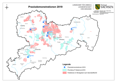 Karte liefert Überblick über Praxisdemonstrationen 2019 im Rahmen des Landwirtschaftlichen Gewässerschutzes in Sachsen