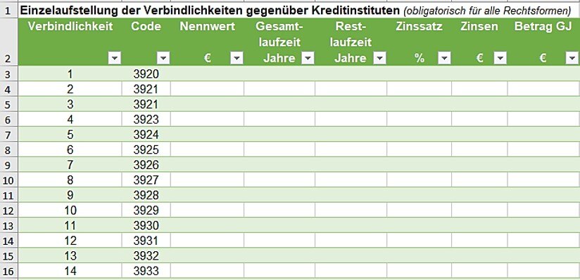 Tabelle für die Einzelaufstellung der Verbindlichkeiten im BMEL-Jahresabschluss