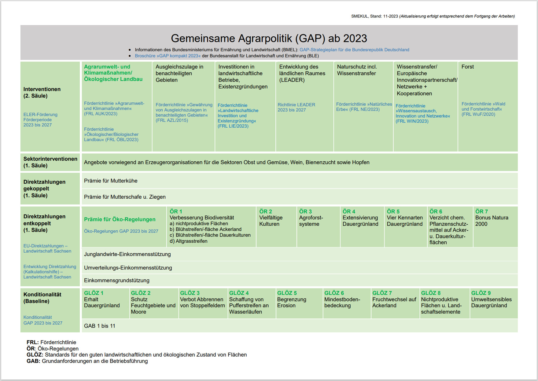 Tabelle mit einer Übersicht über die Maßnahmen der Gemeinsamen Agrarpolitik (GAP) ab 2023