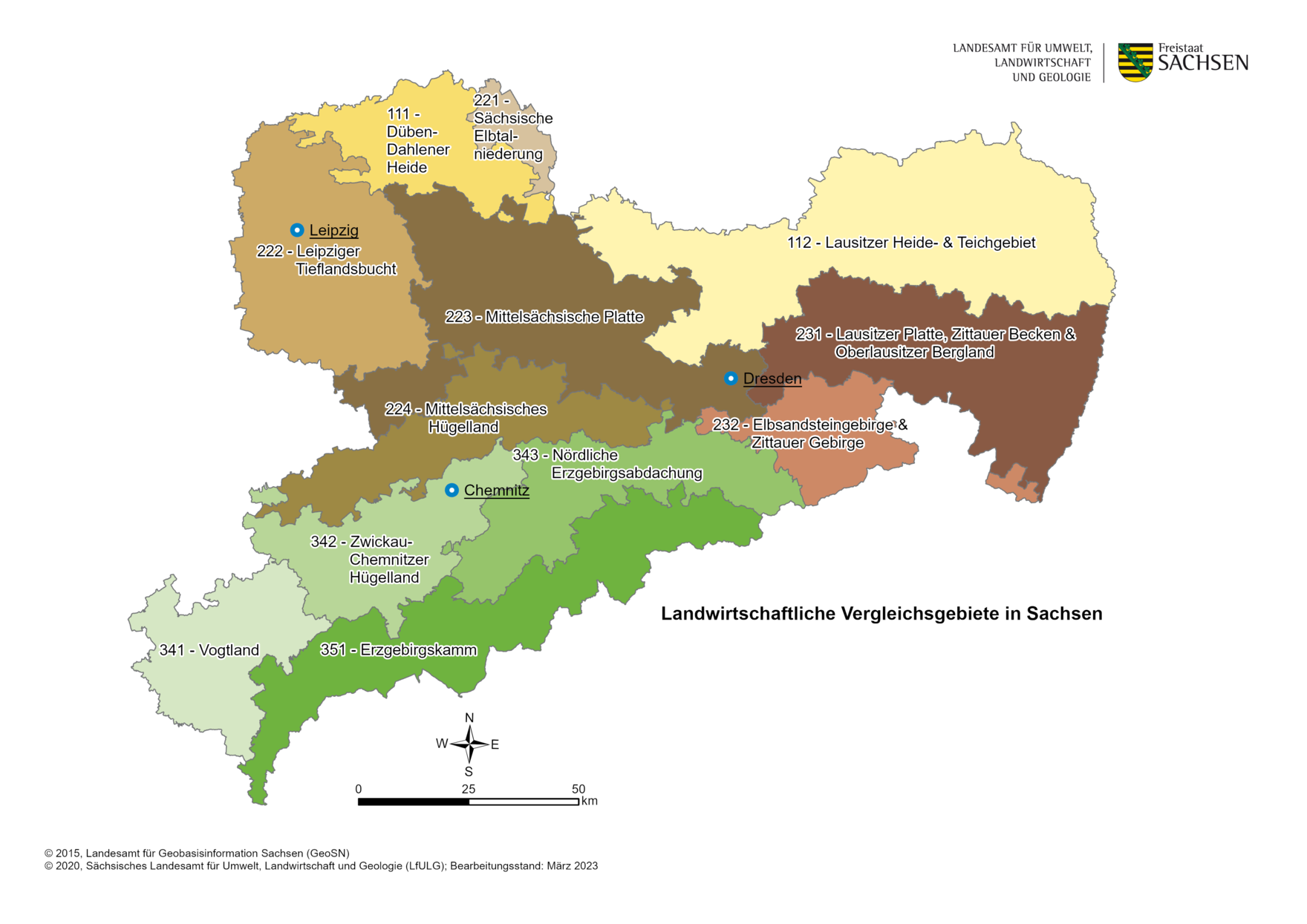 Die Landwirtschaft in Sachsen wird in 12 Vergleichsgebieten eingeteilt.