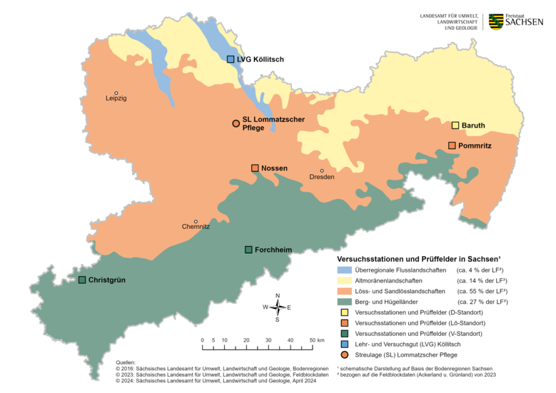 Die Karte zeigt die Lage der Versuchsstationen und Prüffelder in den Boden- und Klimaregionen Sachsens.