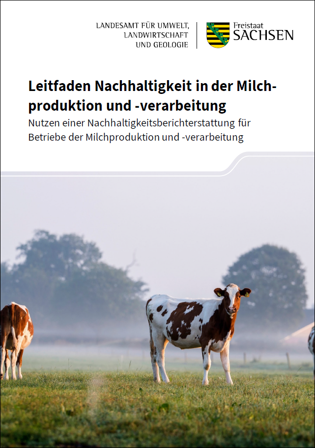 Das Bild zeigt das Titelbild des Leitfadens Nachhaltigkeit in der Milchproduktion und -verarbeitung