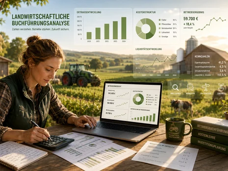 Landwirtin an Tisch in Landschaft, darauf Graphen, Diagramme, Zahlen