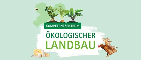 Schrift "Kompetenzzentrum Ökologischer Landbau" auf Pinselstrich., daneben Tiere, Getreide, Obst, Gemüse